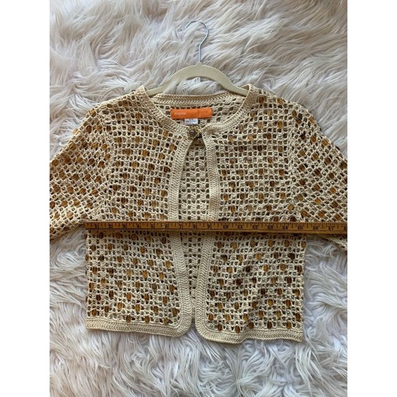 Vtg Y2K Cottage Core Ecru Crochet Gem Beaded Open shrug Cardigan Broach Clasp - Picture 9 of 10